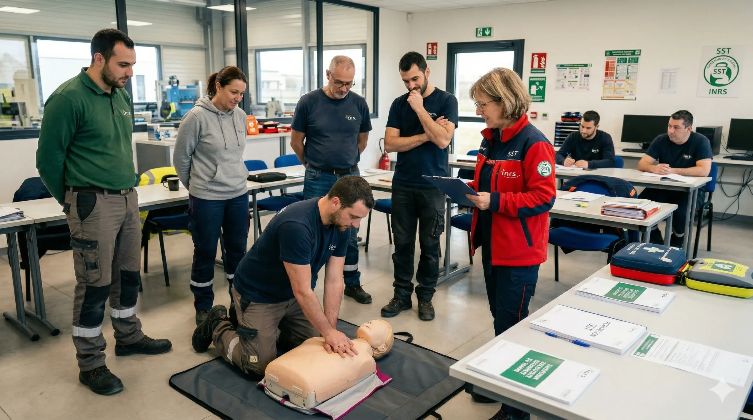 Groupe de personnes en train de participer à une sessions de formation SST dans une salle de classe
